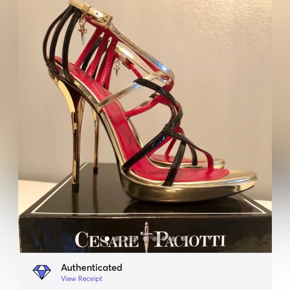 Cesare Paciotti Black and Gold Strappy Sandals